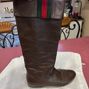 Gucci Brown Leather Boots with Red and Green Stripe